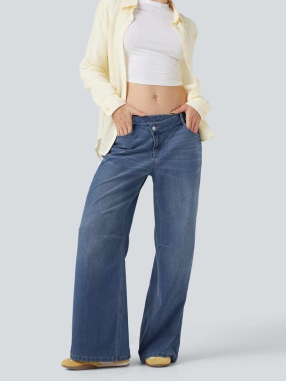 HALARA Flex Asymmetric Waist Casual Wide Leg Jeans w/ Pockets sz Petite L